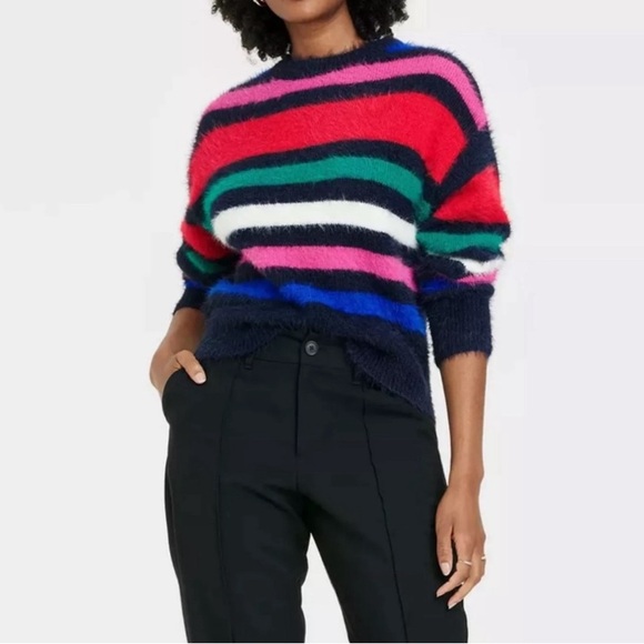 A New Day Women’s Crewneck Fuzzy Pullover Sweater Size M Striped Multicolor - Picture 1 of 8